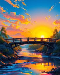 This is a digital painting that reimagines an old wooden bridge over a river at sunset in a futuristic sci-fi style. The artw