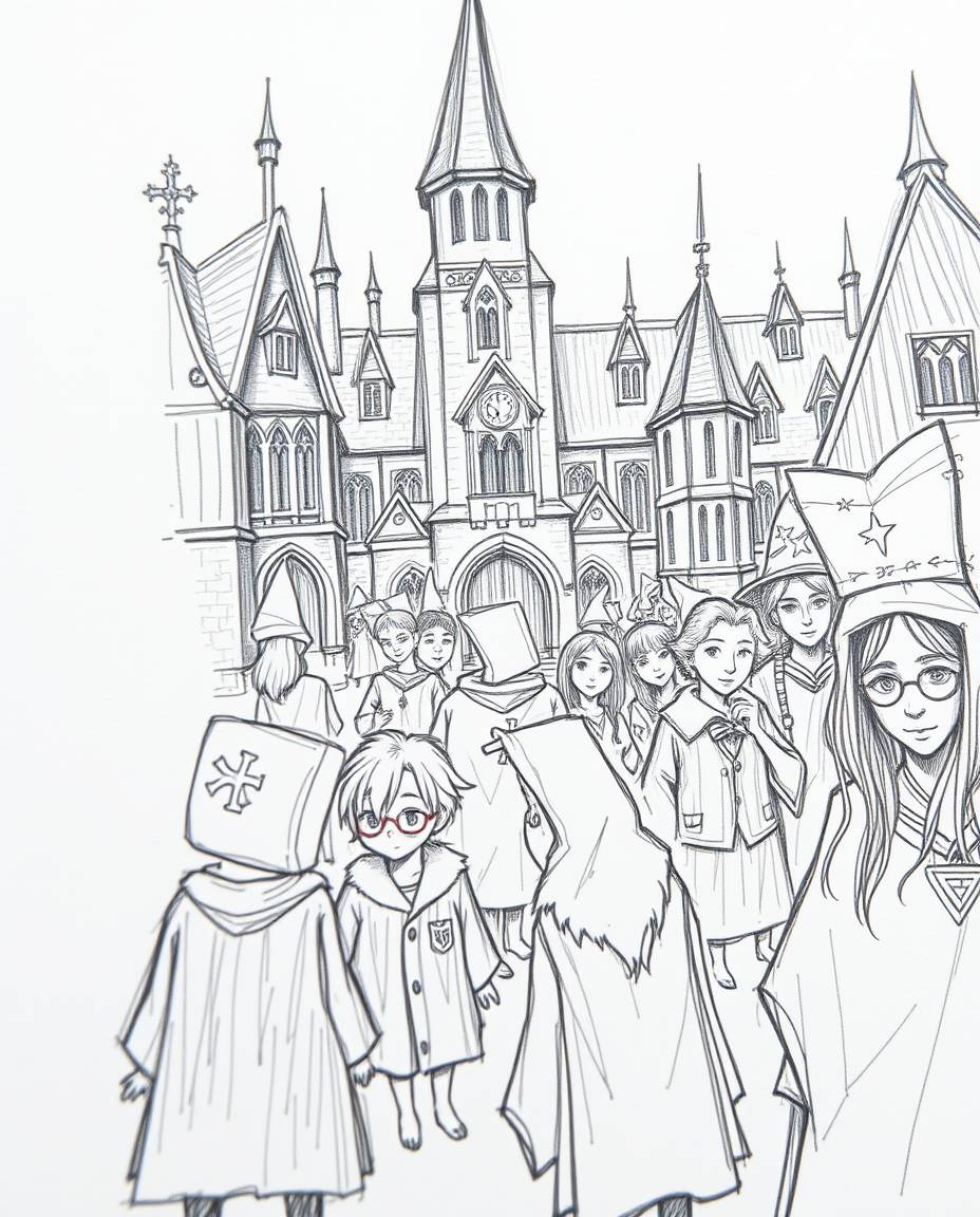 Explore a magical school teeming with young wizards in this extreme macro close-up, hand-drawn sketch. Rendered with rough, t