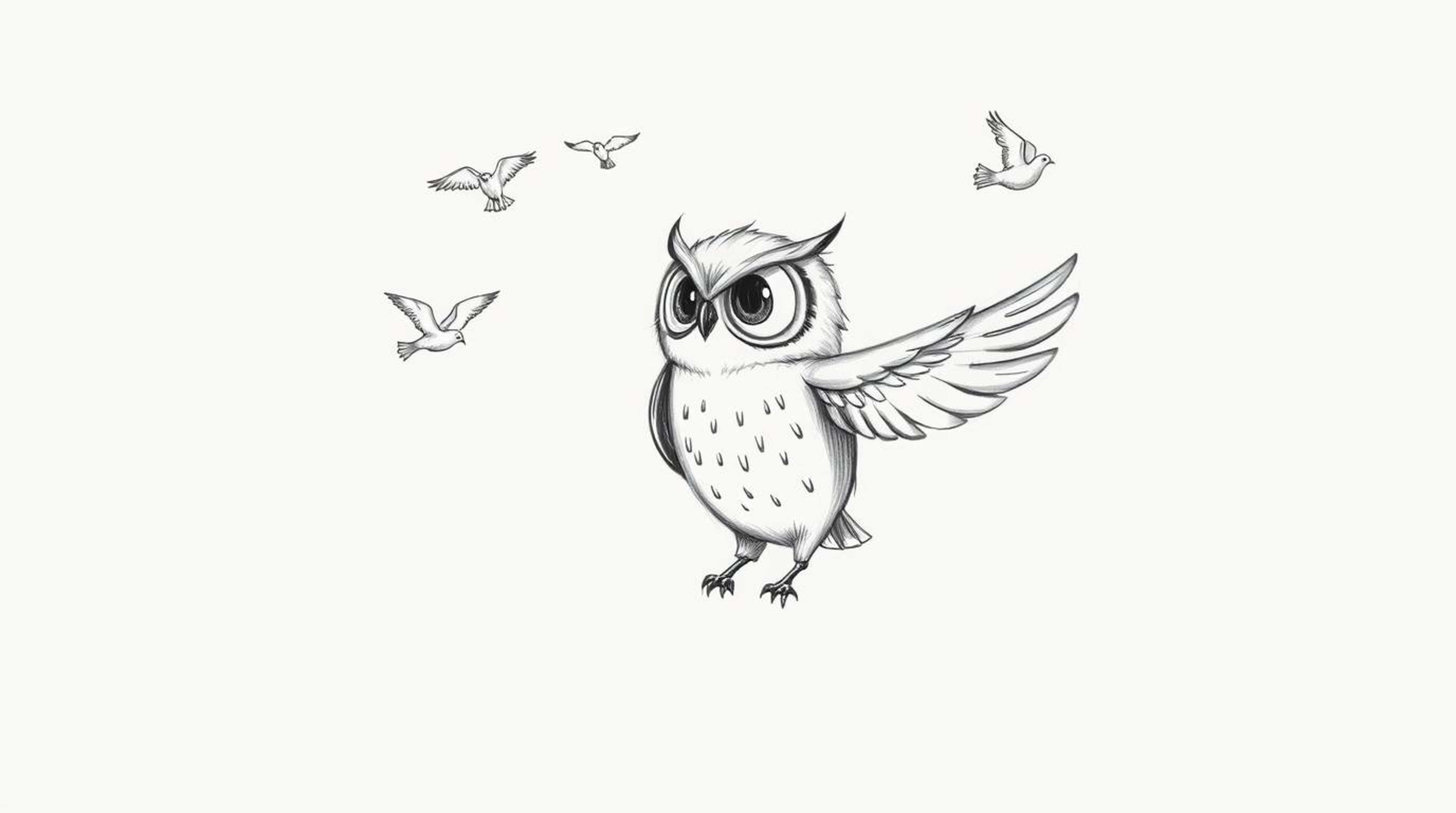 A whimsical hand-drawn sketch showcases a blind owl, rendered in the style of Pixar, leading birds in flight.  The owl's prof