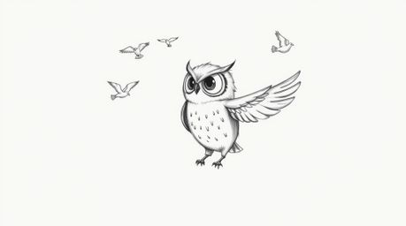 A whimsical hand-drawn sketch showcases a blind owl, rendered in the style of Pixar, leading birds in flight.  The owl's prof