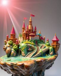 This cast bronze sculpture showcases a vibrant and imaginative kingdom featuring floating islands and majestic castles. The a