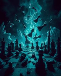A captivating image of a chessboard suspended in time, showcasing chess pieces frozen mid-air in a state of dynamic destructi