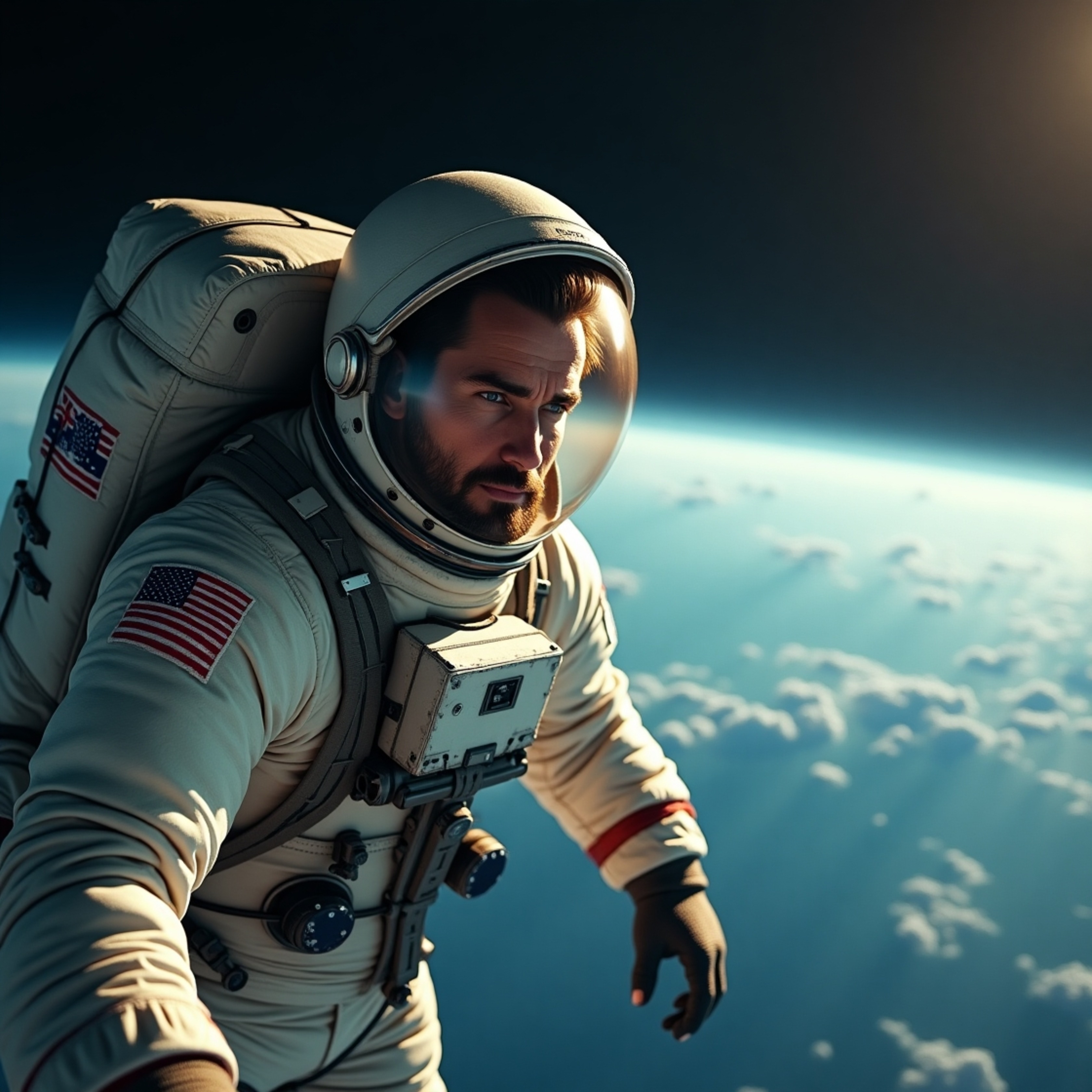 A lone, determined Caucasian male astronaut floats serenely in the vast darkness of space, his worn, white spacesuit adorned