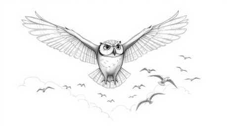 A captivating Pixar-style sketch of a blind owl with gentle features, soaring majestically amidst clouds. The artwork showcas