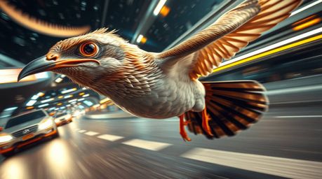 An extreme macro close-up image featuring a fast-running bird zooming past traffic, rendered in a futuristic sci-fi style. Th