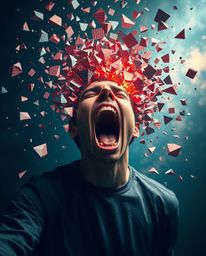 A captivating scene depicting a person screaming as their world dramatically shatters into a stunning display of pixelated or