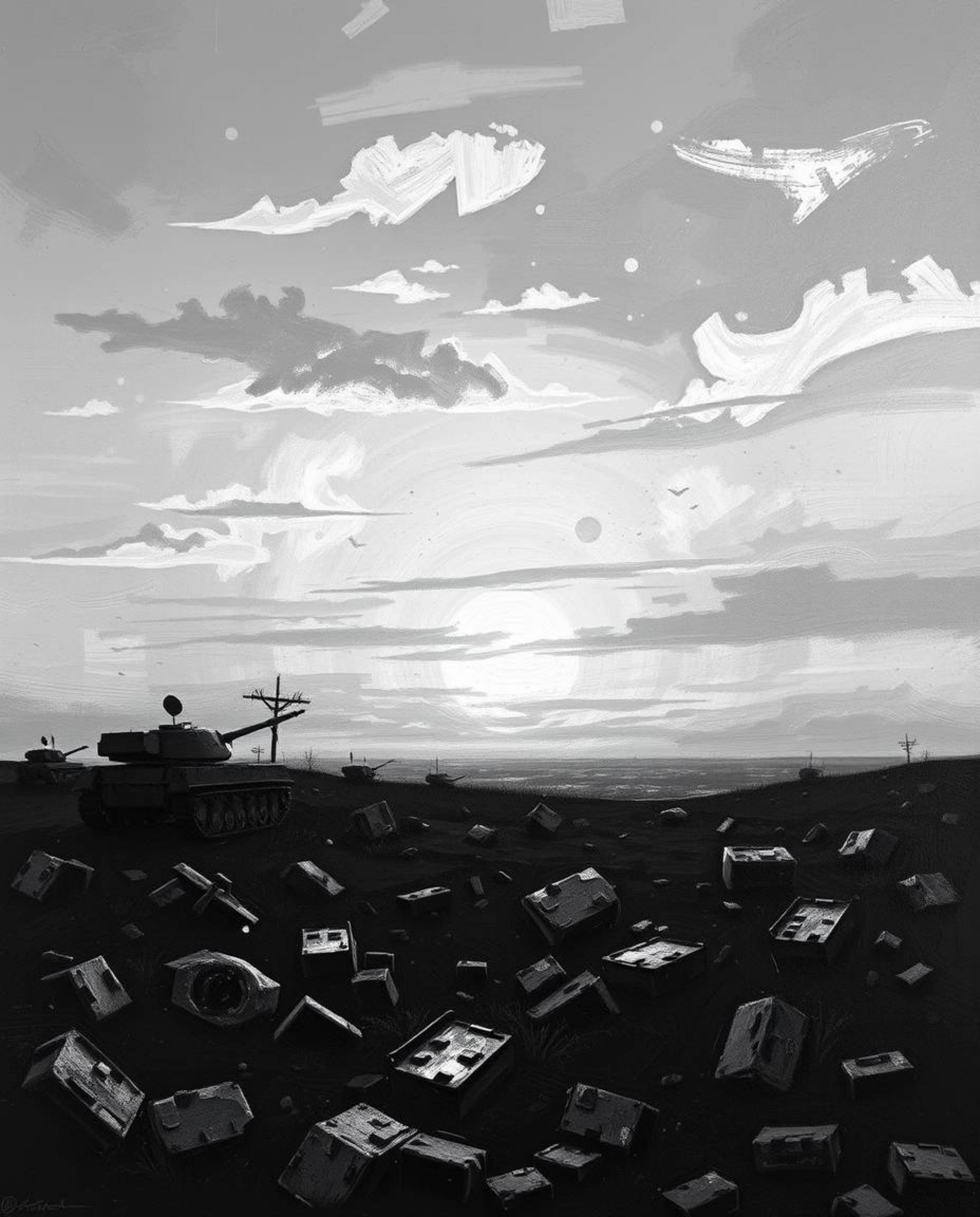 A timeless and elegant black and white oil painting depicting a sunrise over a war-torn landscape.  Rich textures and visible