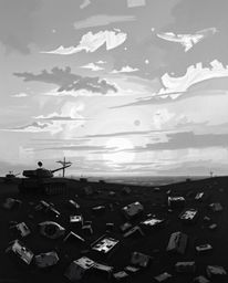 A timeless and elegant black and white oil painting depicting a sunrise over a war-torn landscape.  Rich textures and visible