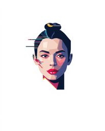 This digital artwork features a captivating glitch art portrait, inspired by geometric shapes and clean lines. The pixelated 