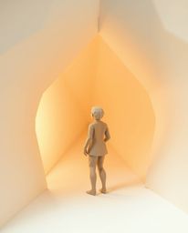 A captivating image showcases an intricate origami figure standing at a tunnel's edge, gazing towards a soft light source.  T