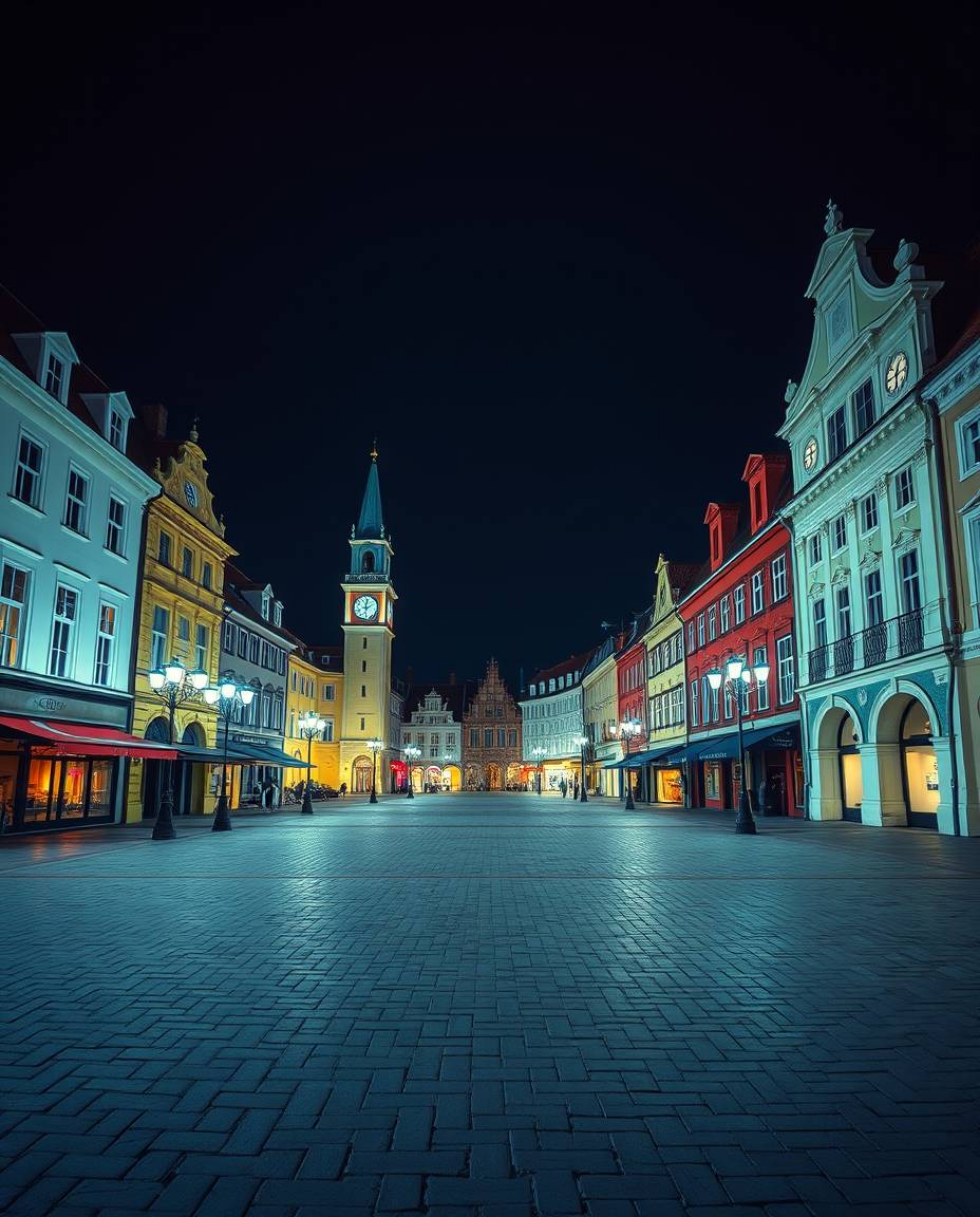 A professional photograph capturing an empty town square bathed in vivid electric colors, subtly contrasted and softly satura
