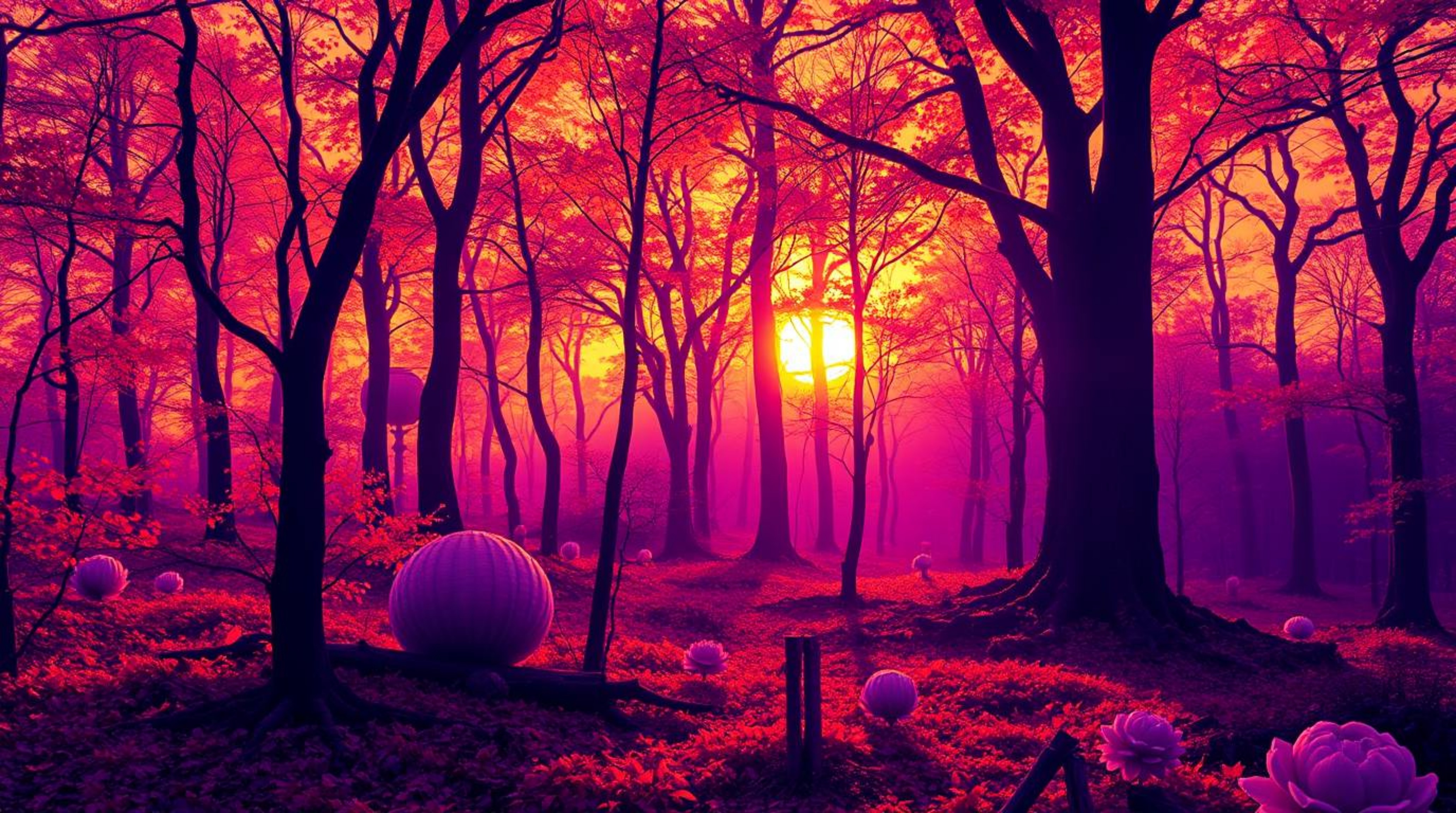 A captivating image showcases a surreal autumn forest bathed in the golden light of a sunset.  Deep ultraviolet hues contrast