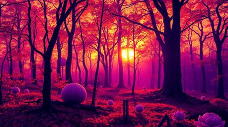 A captivating image showcases a surreal autumn forest bathed in the golden light of a sunset.  Deep ultraviolet hues contrast