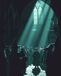 Discover a captivating image of a magical school brimming with young wizards. The strong, hard lighting and moody style crea
