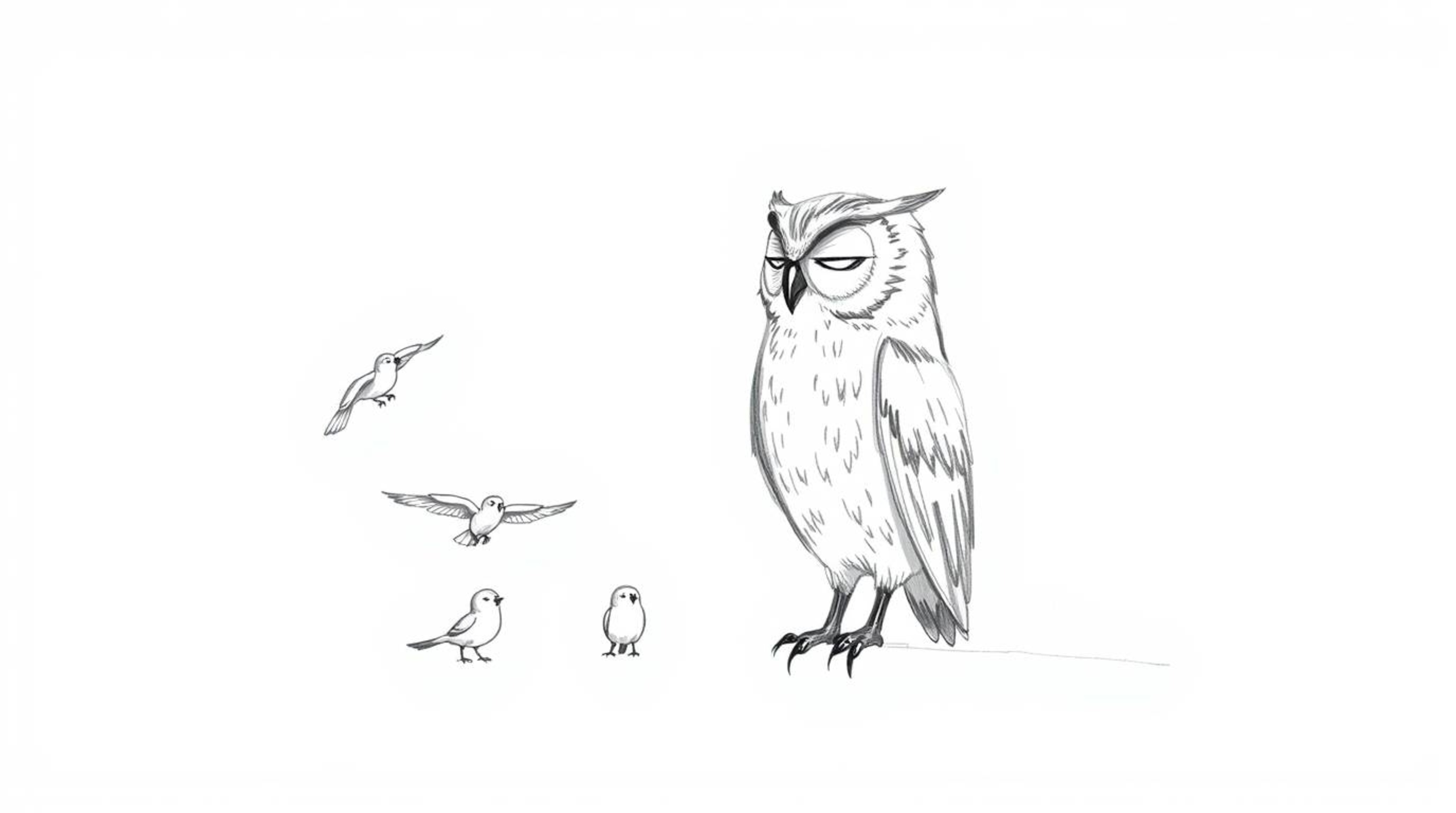 A Pixar-style hand-drawn sketch depicts a blind owl patiently observing young birds circling in flight.  The artwork employs 