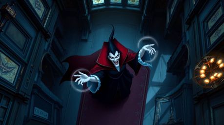 This digitally painted, overhead bird's eye view showcases a classic Disney villain casting a spell within the majestic walls