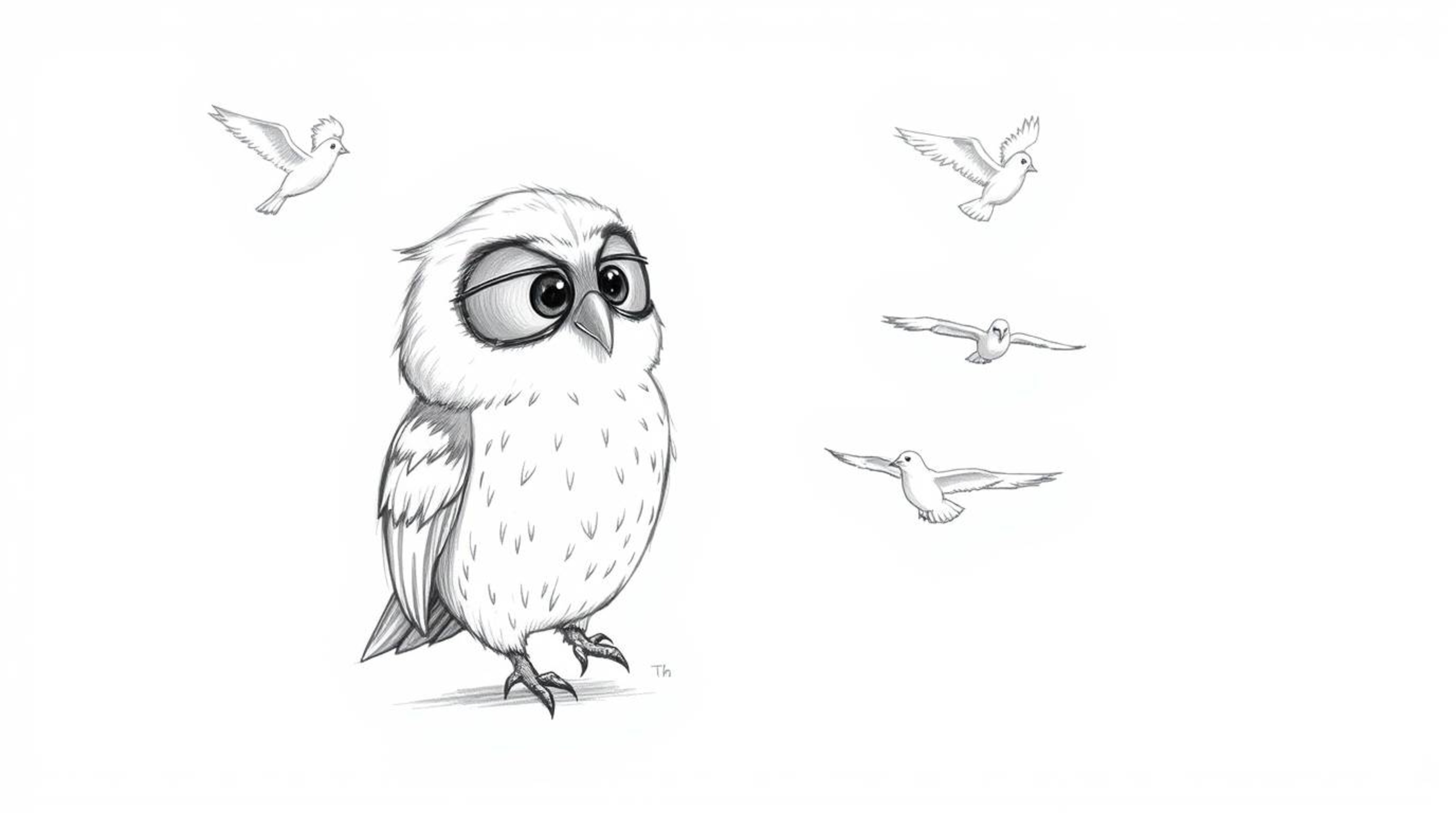 This hand-drawn sketch, rendered in a textured pencil style akin to Pixar, portrays a blind owl patiently teaching birds how 