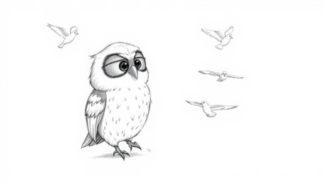This hand-drawn sketch, rendered in a textured pencil style akin to Pixar, portrays a blind owl patiently teaching birds how 