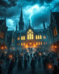 Discover a magical school brimming with young wizards, bathed in ethereal light and dramatic stormy skies. Experience a high