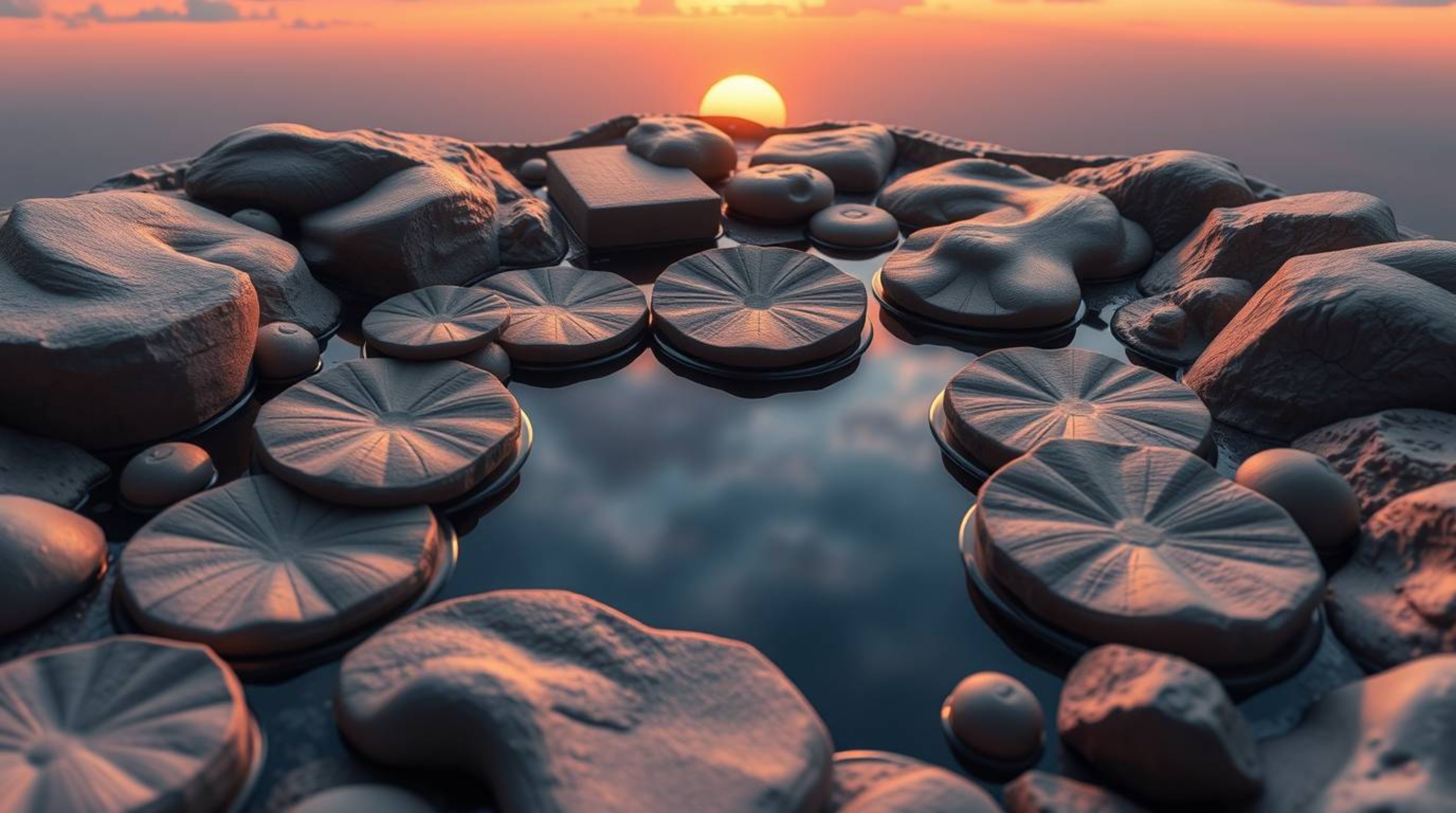 A captivating high-angle photograph showcases a sculptural clay artwork depicting a serene pond mirroring a vibrant sunset.  