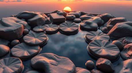 A captivating high-angle photograph showcases a sculptural clay artwork depicting a serene pond mirroring a vibrant sunset.  