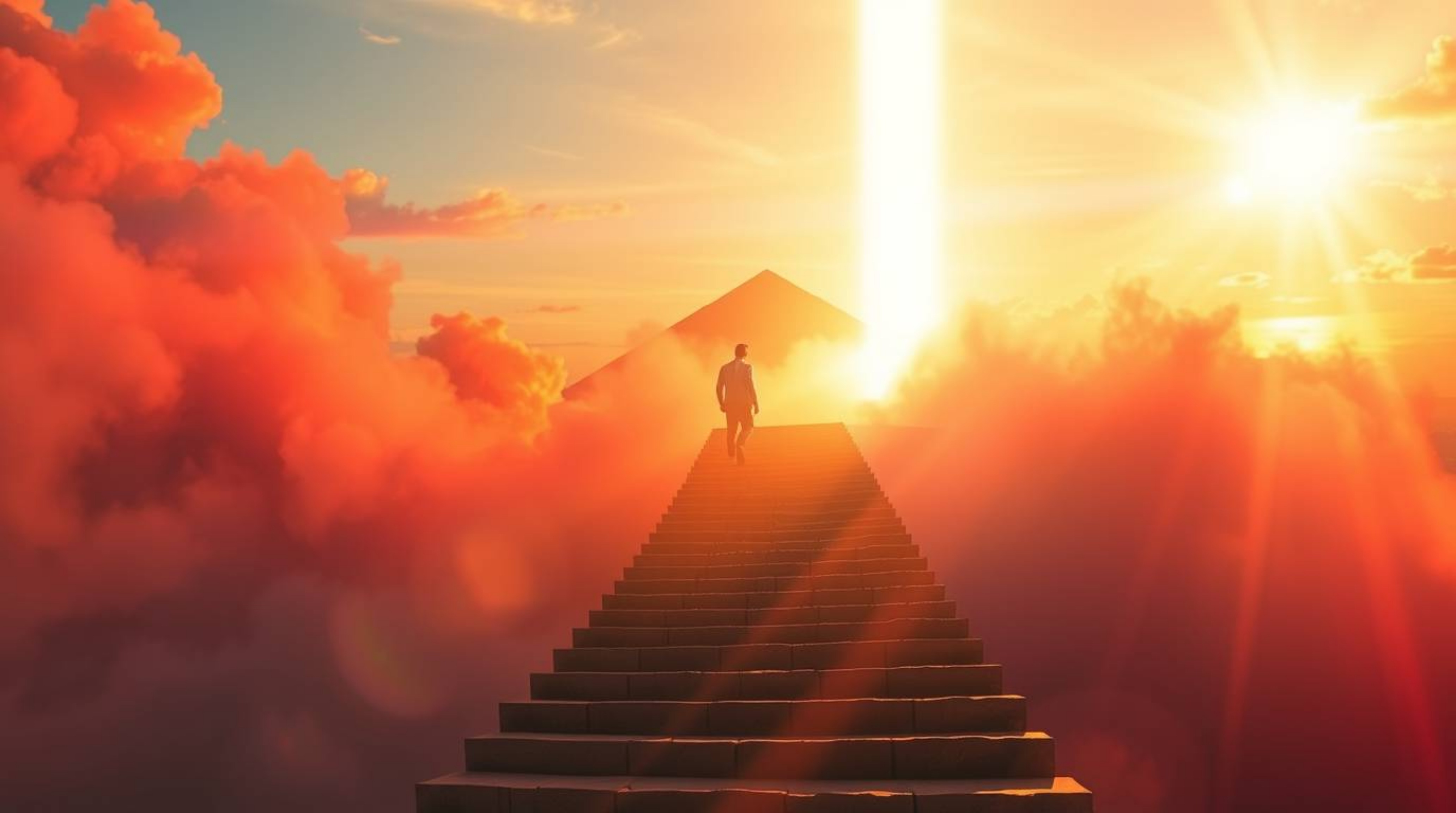 A lone figure ascends a stone staircase toward a radiant beam of divine light, set against a backdrop of a smoky sunset sky. 