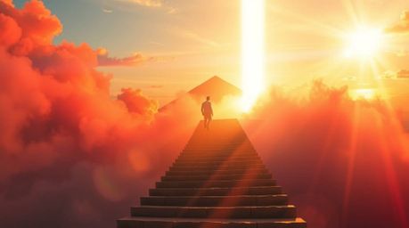 A lone figure ascends a stone staircase toward a radiant beam of divine light, set against a backdrop of a smoky sunset sky. 
