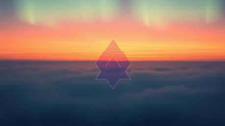 A soft, dreamy geometric logo design inspired by the ethereal beauty of the Northern Lights appearing over a vibrant sunset s