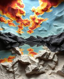 A papier-mâché sculpture depicting the reflections of fiery clouds in a mountain lake. The piece is illuminated by strong, ha