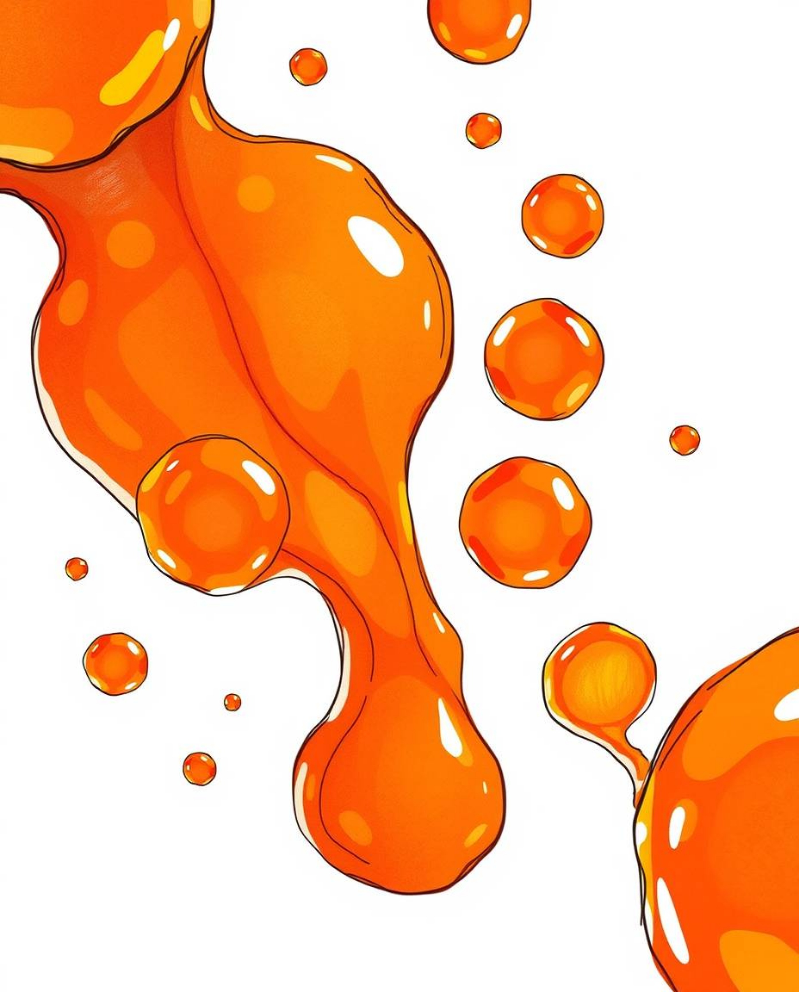 A hand-drawn sketch featuring floating 3D blobs of fluid jelly, rendered in a warm color palette of vibrant reds, oranges, an