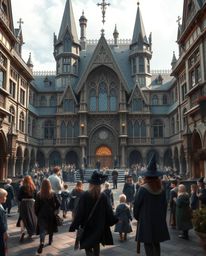 Immerse yourself in a graceful and elegant magical school teeming with young wizards, captured in stunning photorealistic det