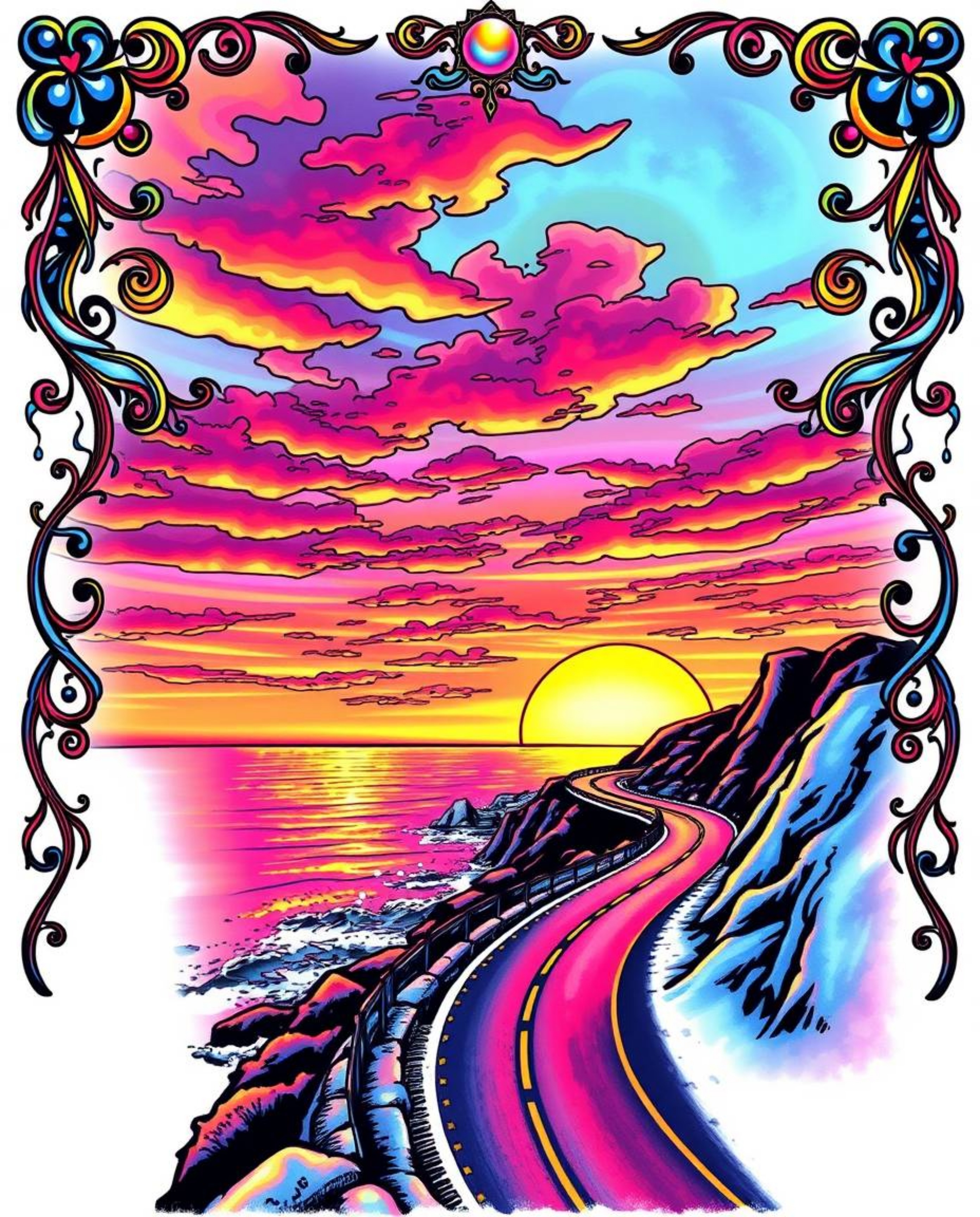 This is an iridescent traditional tattoo art print depicting a sunset sky over a winding coastal highway. The artwork is char