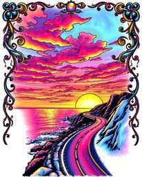 This is an iridescent traditional tattoo art print depicting a sunset sky over a winding coastal highway. The artwork is char
