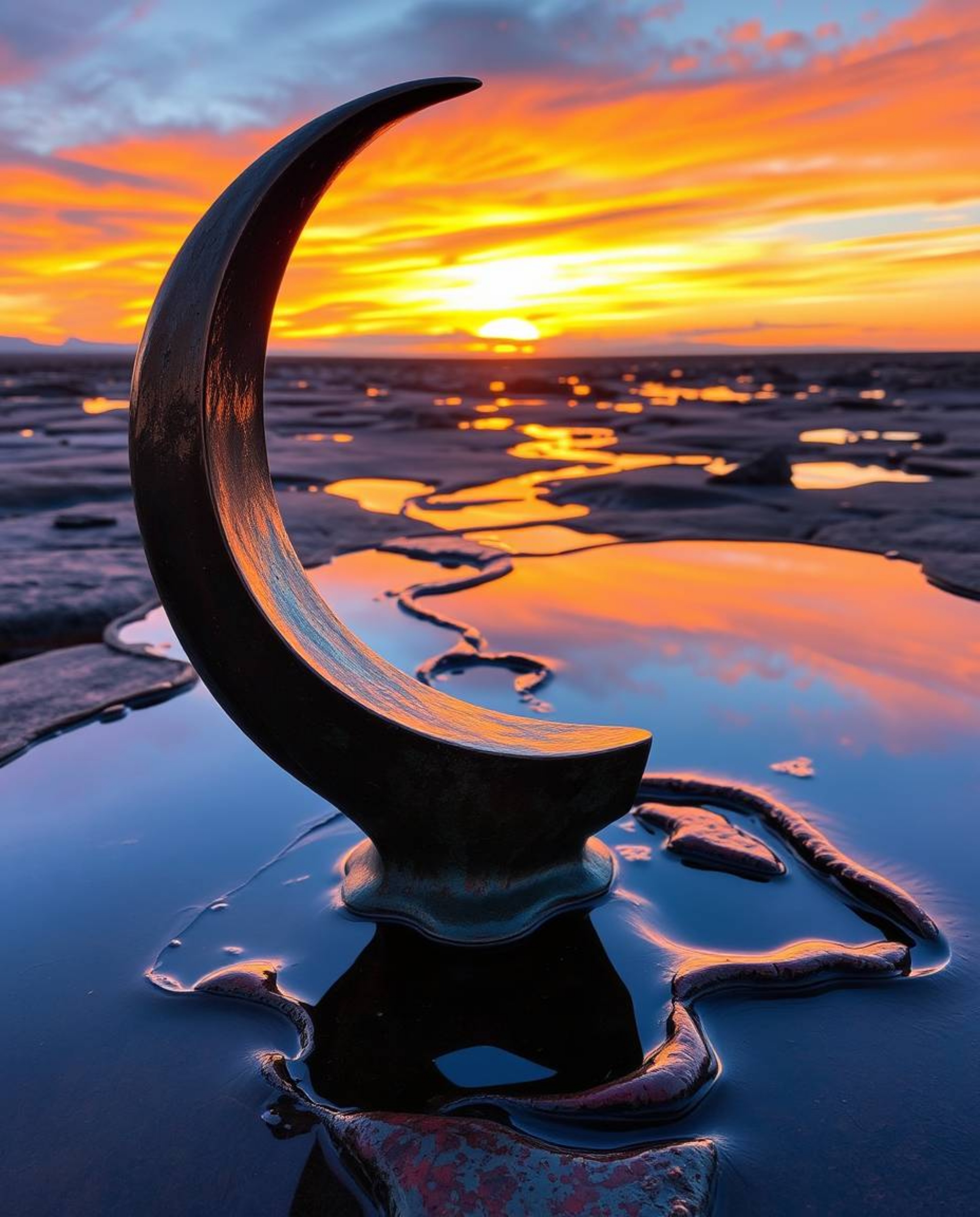 This artwork is an antique bronze sculpture depicting a sunset sky mirrored in tidal pools on a beach. The piece is distingui