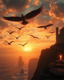 This is an epic modern future scene depicting a sunset over a coastal cliff with soaring birds. The composition is characteri