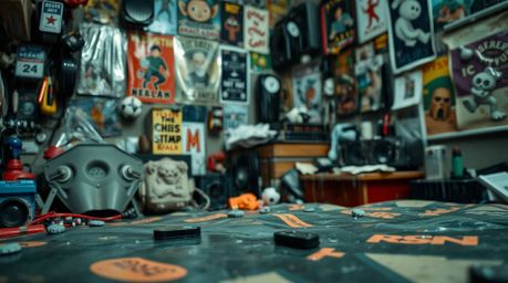 A captivating close-up reveals a chaotic bedroom scene drenched in rain.  Weird gadgets and posters litter the space, their r