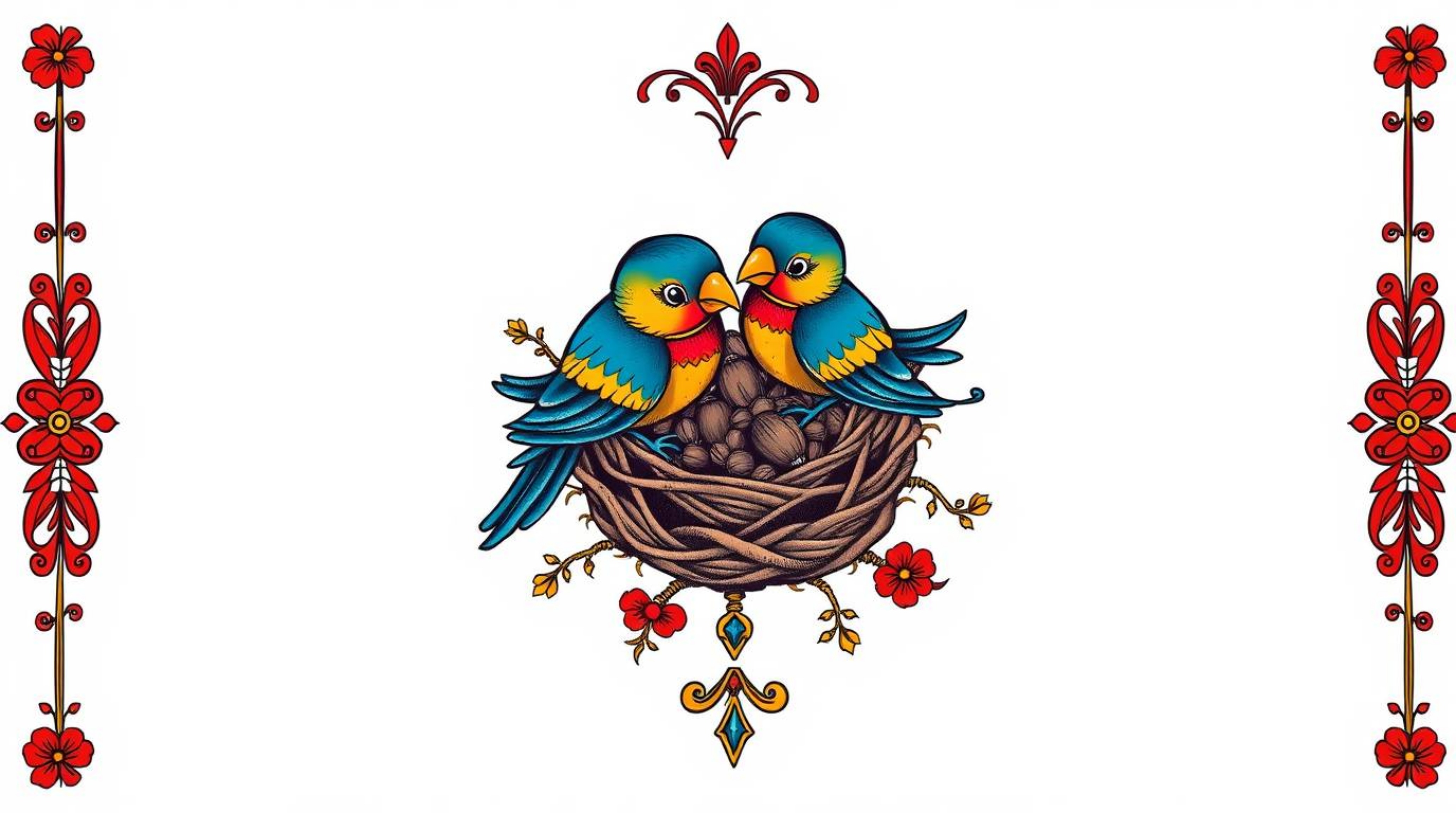 This symbolic traditional tattoo art print features a high-angle perspective of two cartoon birds, rendered in a classic anim
