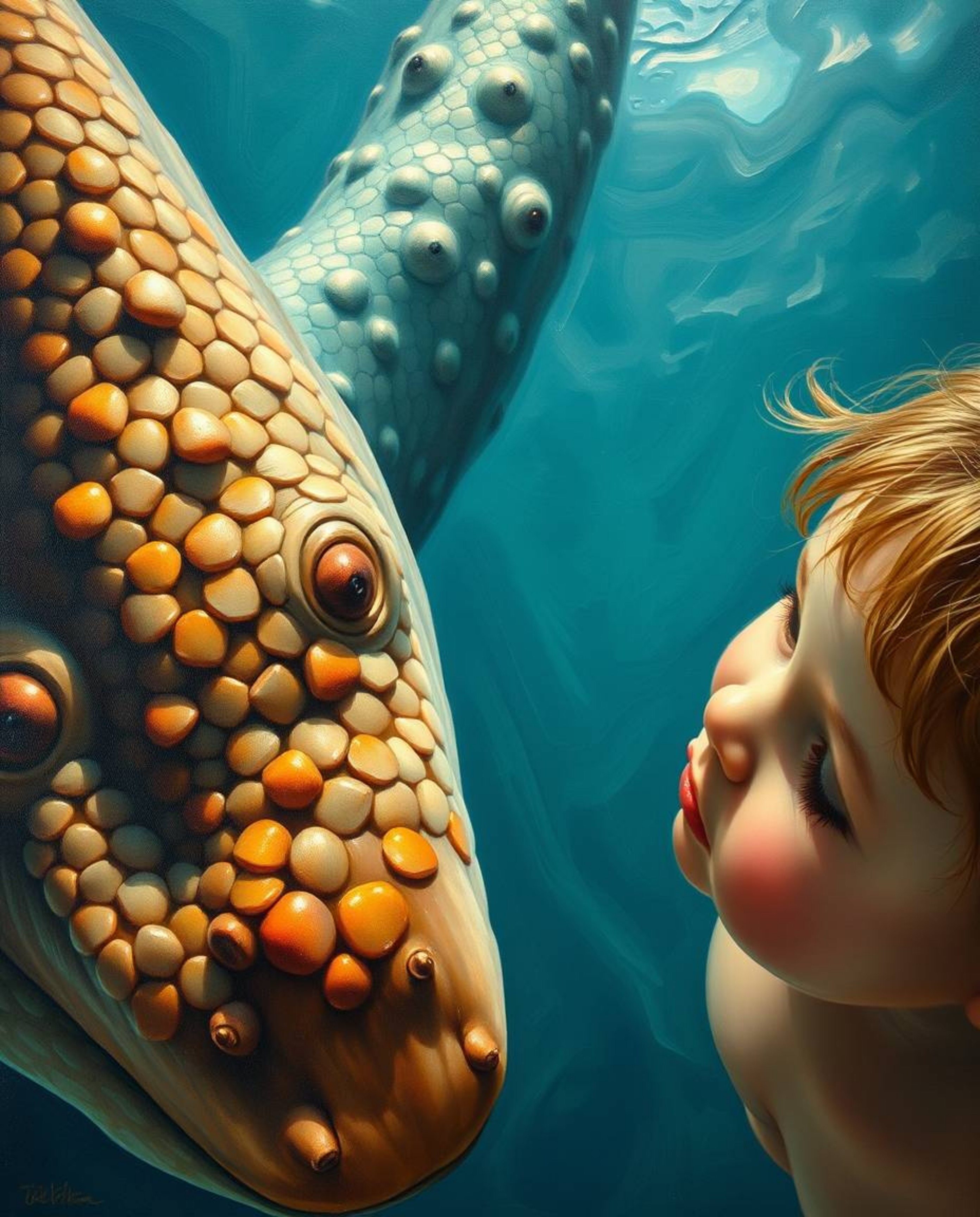 A captivating high-angle oil painting depicts a whimsical scene of friendship between a human child and a detailed, scaled se