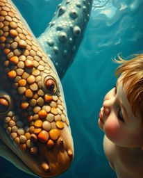 A captivating high-angle oil painting depicts a whimsical scene of friendship between a human child and a detailed, scaled se