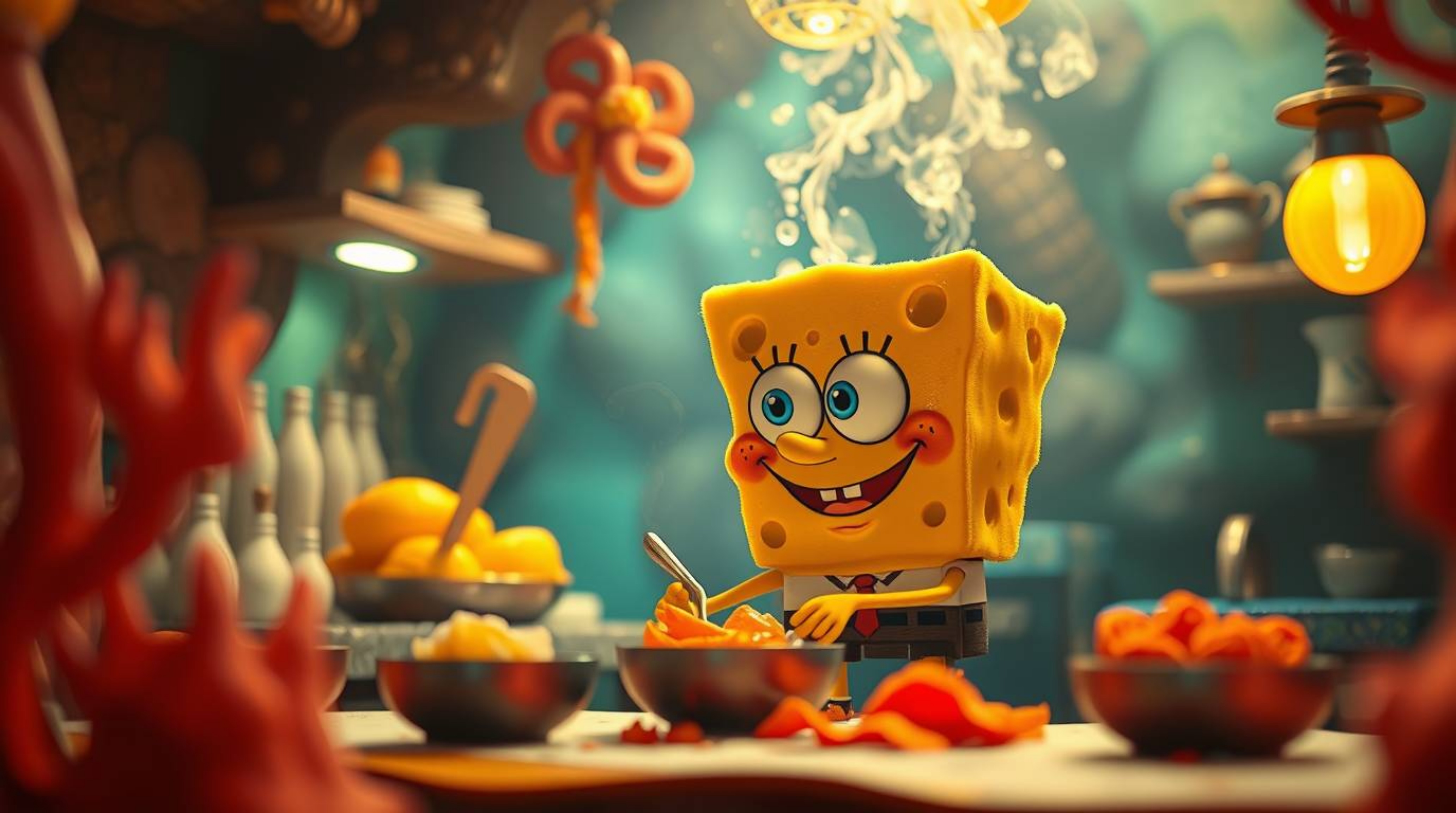 Immerse yourself in a dreamlike underwater world with this image featuring a sponge character diligently cooking in a mystica
