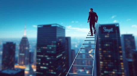 A futuristic sci-fi illustration depicts a businessperson ascending a transparent ladder that seemingly vanishes into the bri
