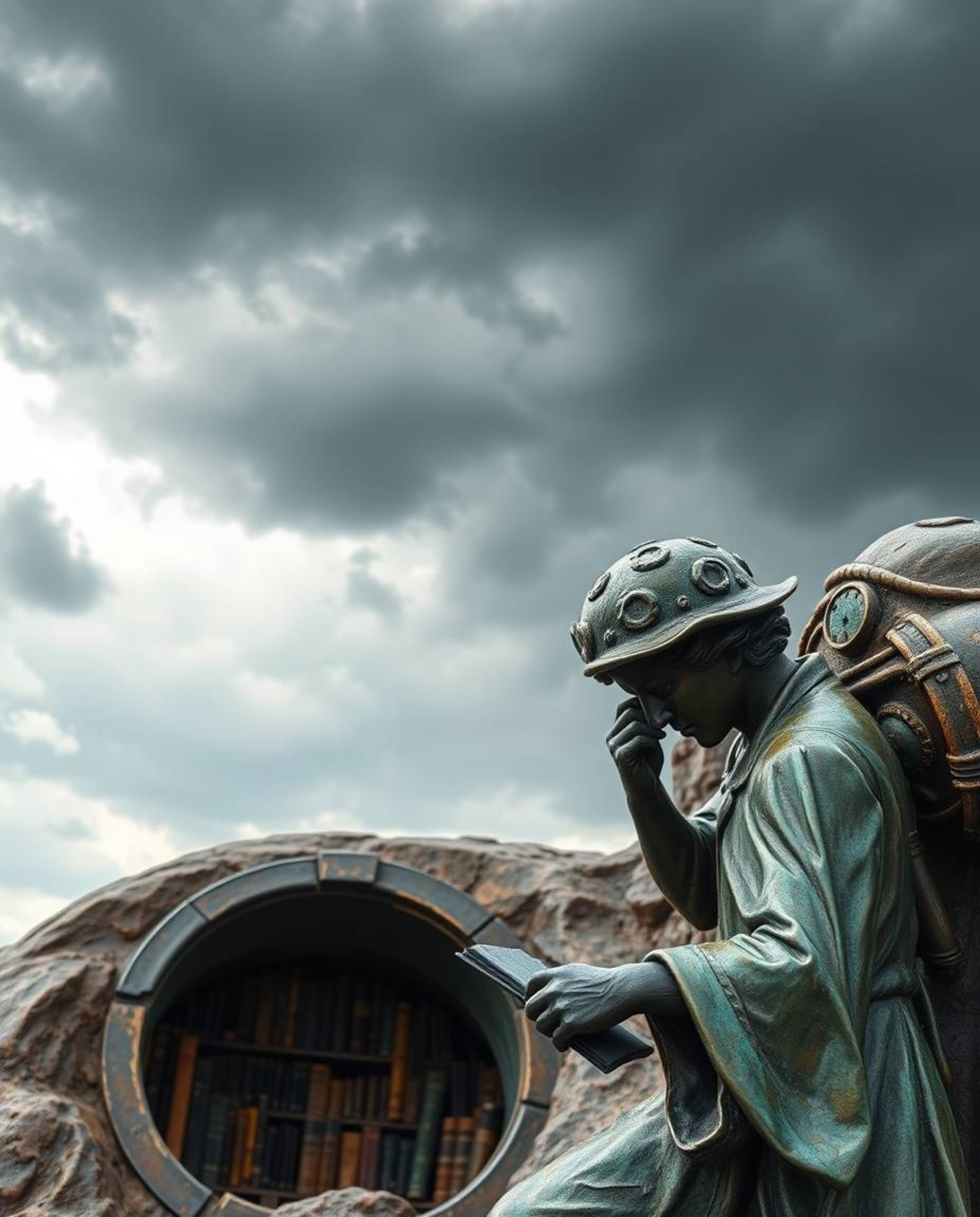 This cast bronze sculpture captures a powerful moment of discovery, depicting a person unearthing a hidden underground librar