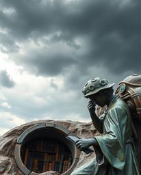 This cast bronze sculpture captures a powerful moment of discovery, depicting a person unearthing a hidden underground librar
