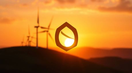 A stunning image featuring a geometric logo superimposed on a breathtaking sunset scene.  The warm golden hour light illumina