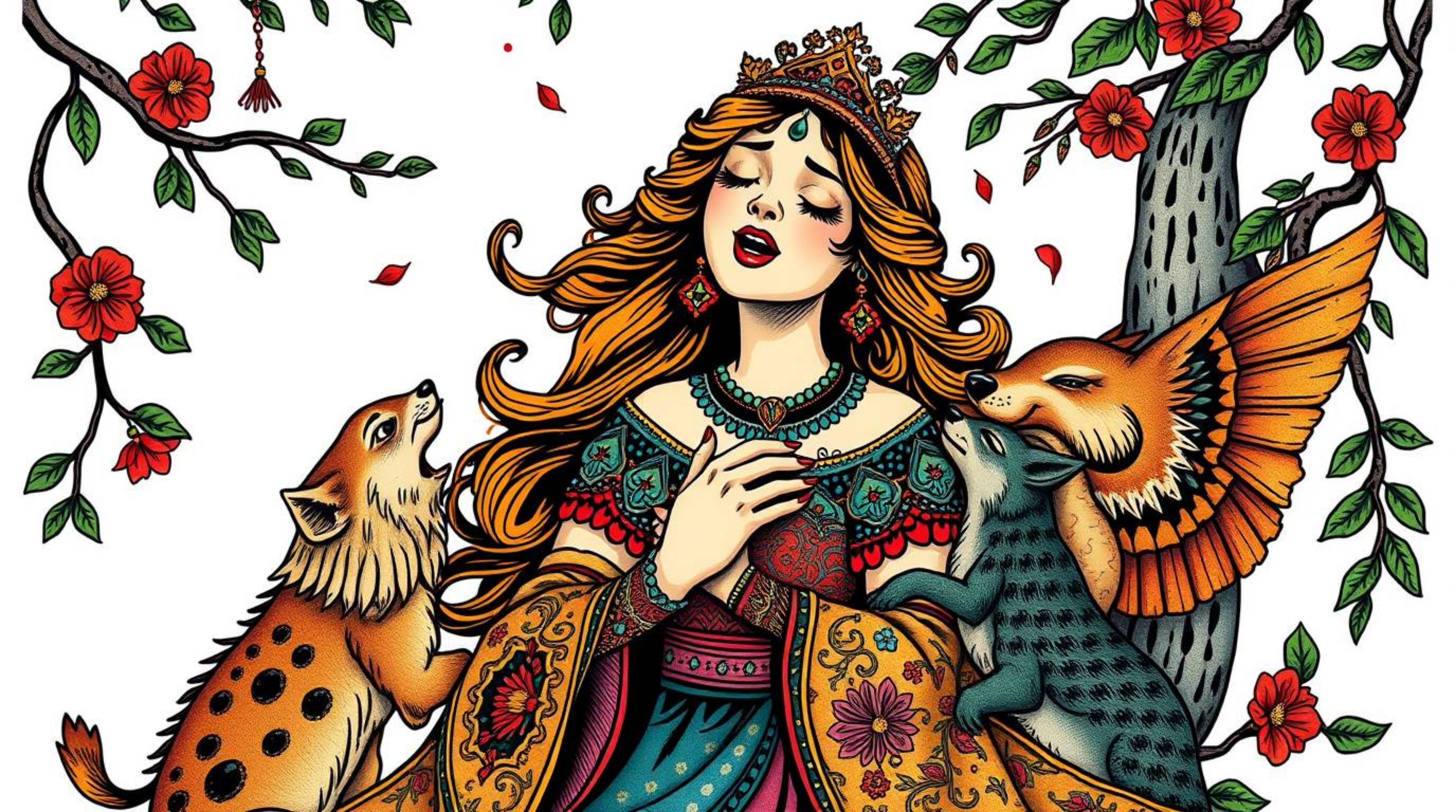 A beautiful princess, adorned with intricate details and vibrant clothing, sings passionately alongside forest animals in thi