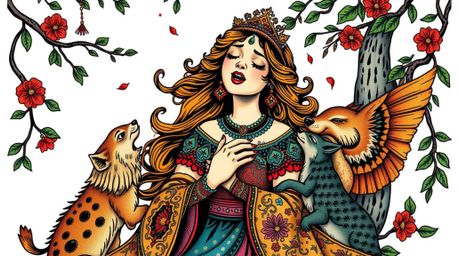 A beautiful princess, adorned with intricate details and vibrant clothing, sings passionately alongside forest animals in thi