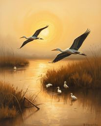 A classic oil painting captures a serene golden hour wetlands scene, featuring herons in flight. The artwork is distinguished