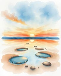 A delicate watercolor painting captures a sunset sky mirrored in tidal pools on the beach. This piece is defined by its use o
