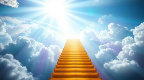 A captivating light art piece depicts a golden staircase ascending through ethereal clouds towards a radiant heaven. Sunlight
