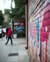 Capture the spontaneous beauty of vibrant graffiti art splashed across a brick wall. This collection features soft, dreamy st